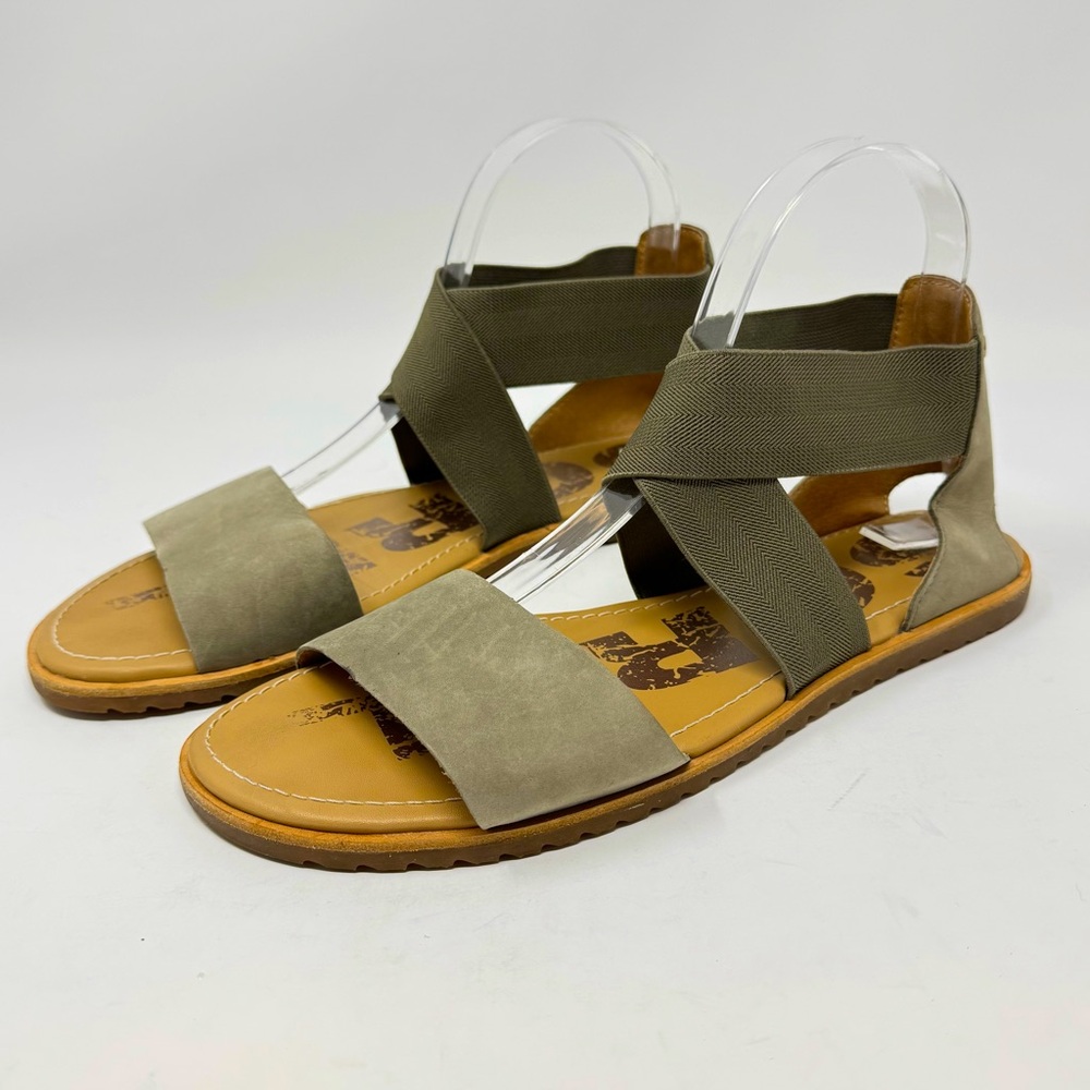 Sorel Ella Cross Strap Flat Leather Sandal, Green Tan, Size 9.5